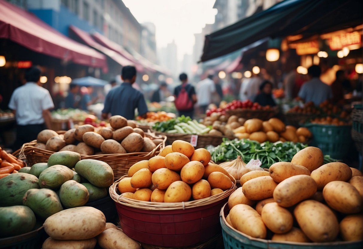 A bustling outdoor market with vendors selling fresh Chinese yams, ginger, and other ingredients. Colorful signs and bustling activity create a vibrant atmosphere