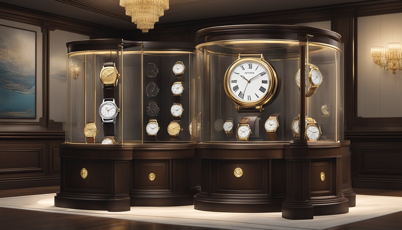 A luxurious watch displayed in a glass case, surrounded by elegant packaging and certificates of authenticity. The room is adorned with rich, dark wood furniture and soft, ambient lighting