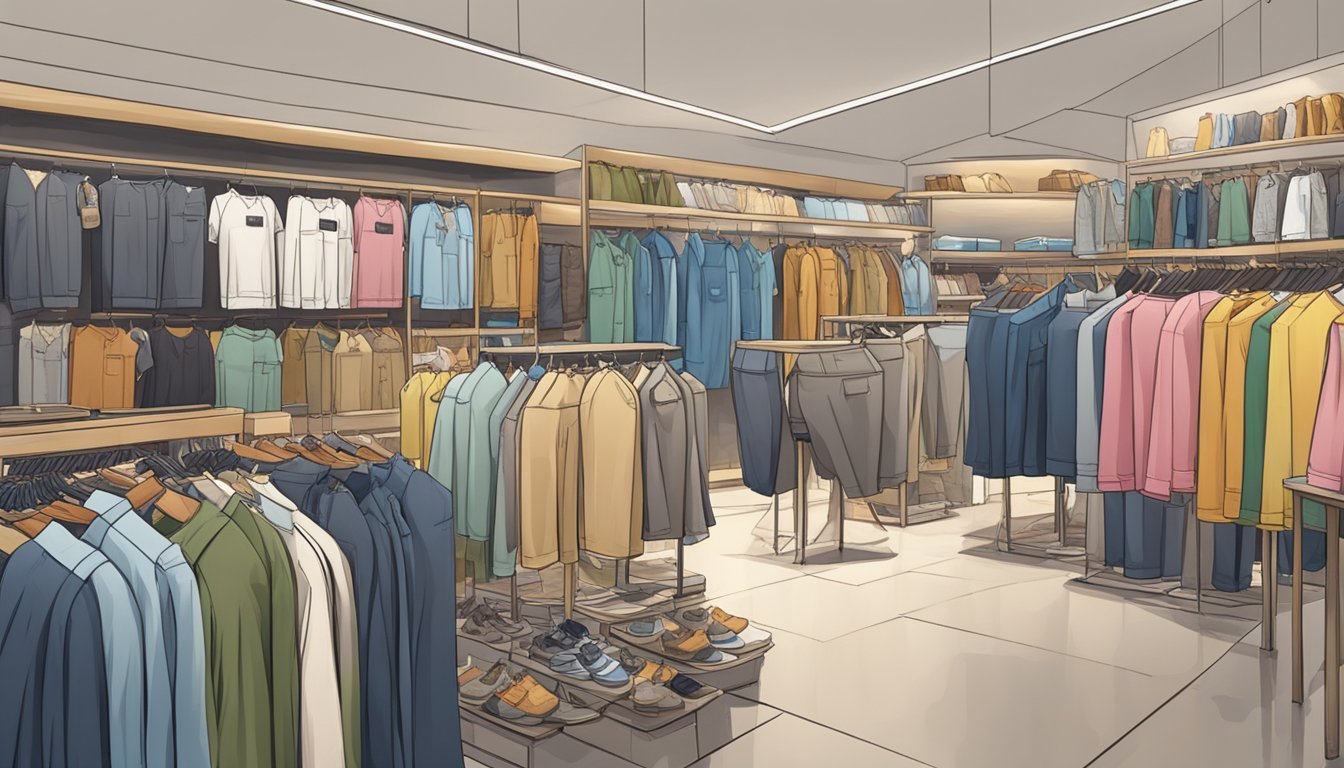 A display of high-end shorts with price tags, surrounded by curious shoppers