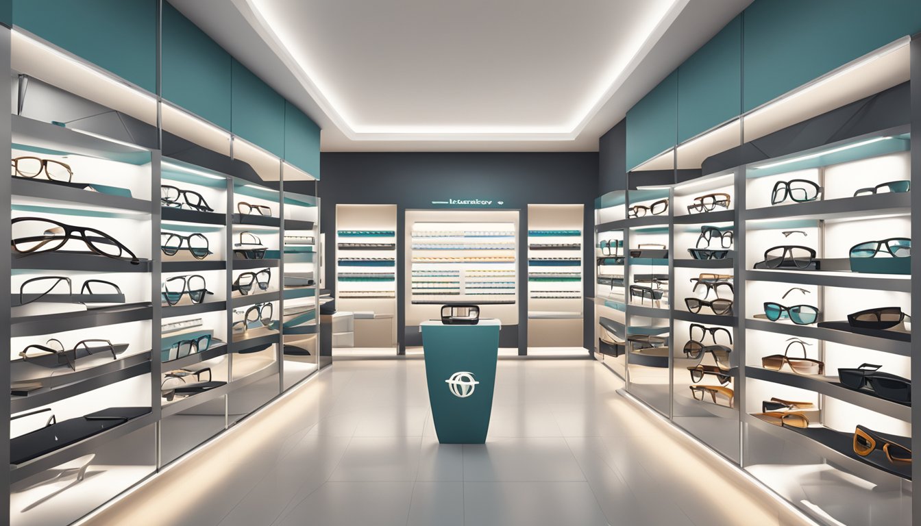 A display of trendy spectacle frames in a sleek, modern setting with bold branding and stylish design elements