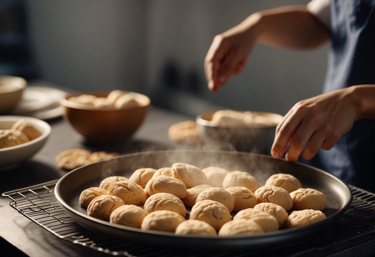 A hand mixing chinese yam cookie dough in a bowl. A tray of baked cookies cooling on a wire rack. Ingredients and utensils arranged neatly on a kitchen counter