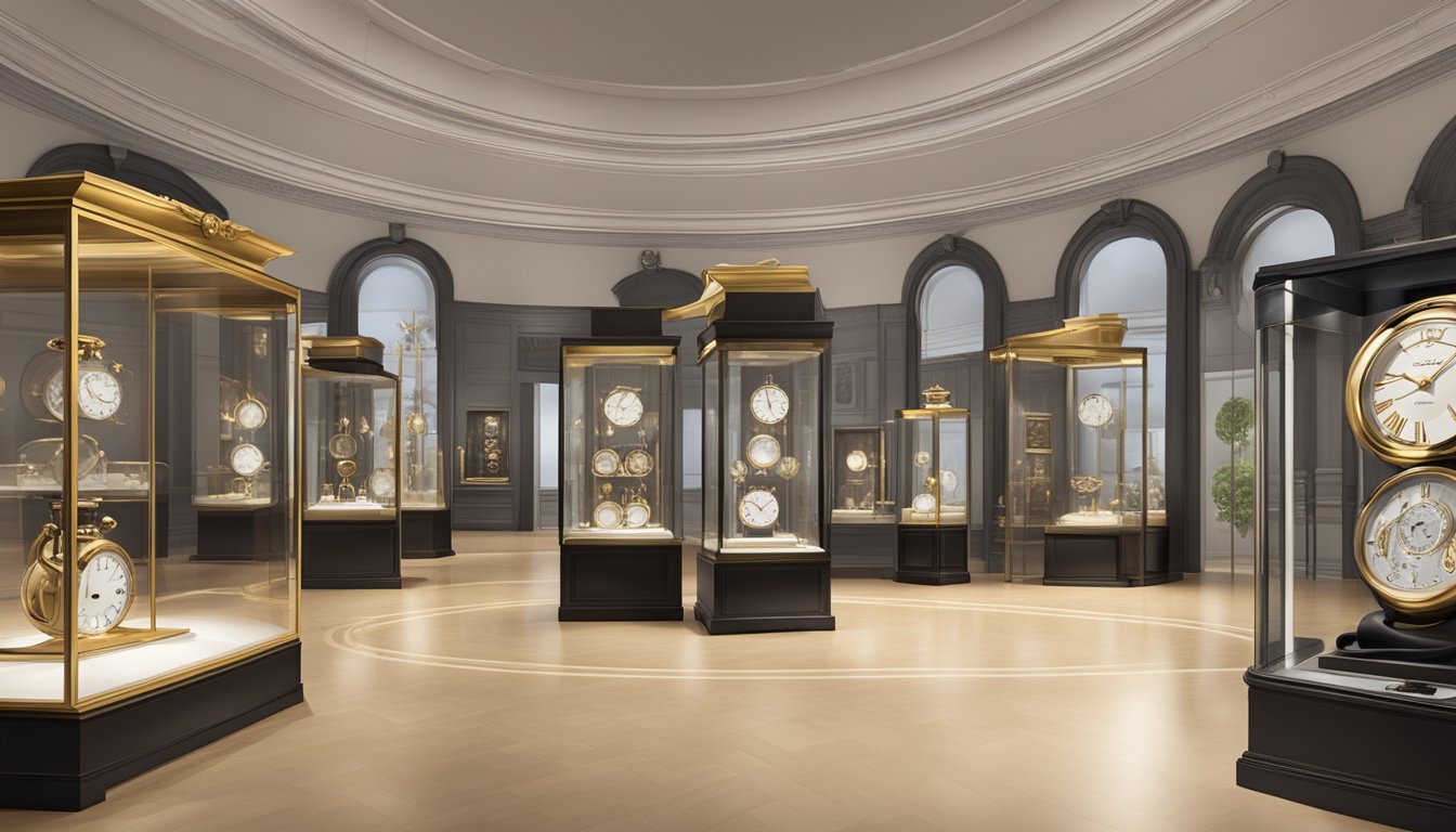 Luxury watch brands displayed in a museum exhibit, surrounded by historical artifacts and iconic timepieces