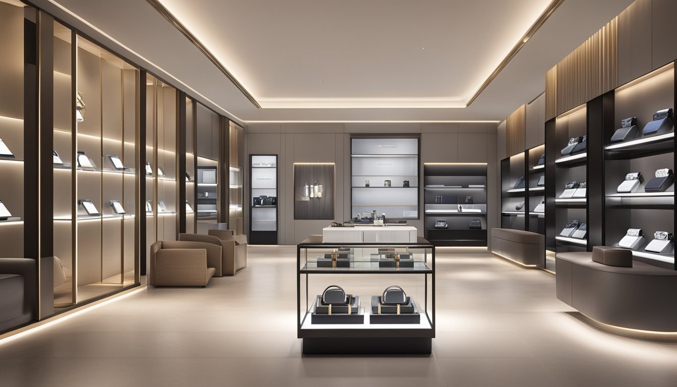 Luxury watch brands displayed in a sleek, modern showroom with minimalist decor and soft, ambient lighting