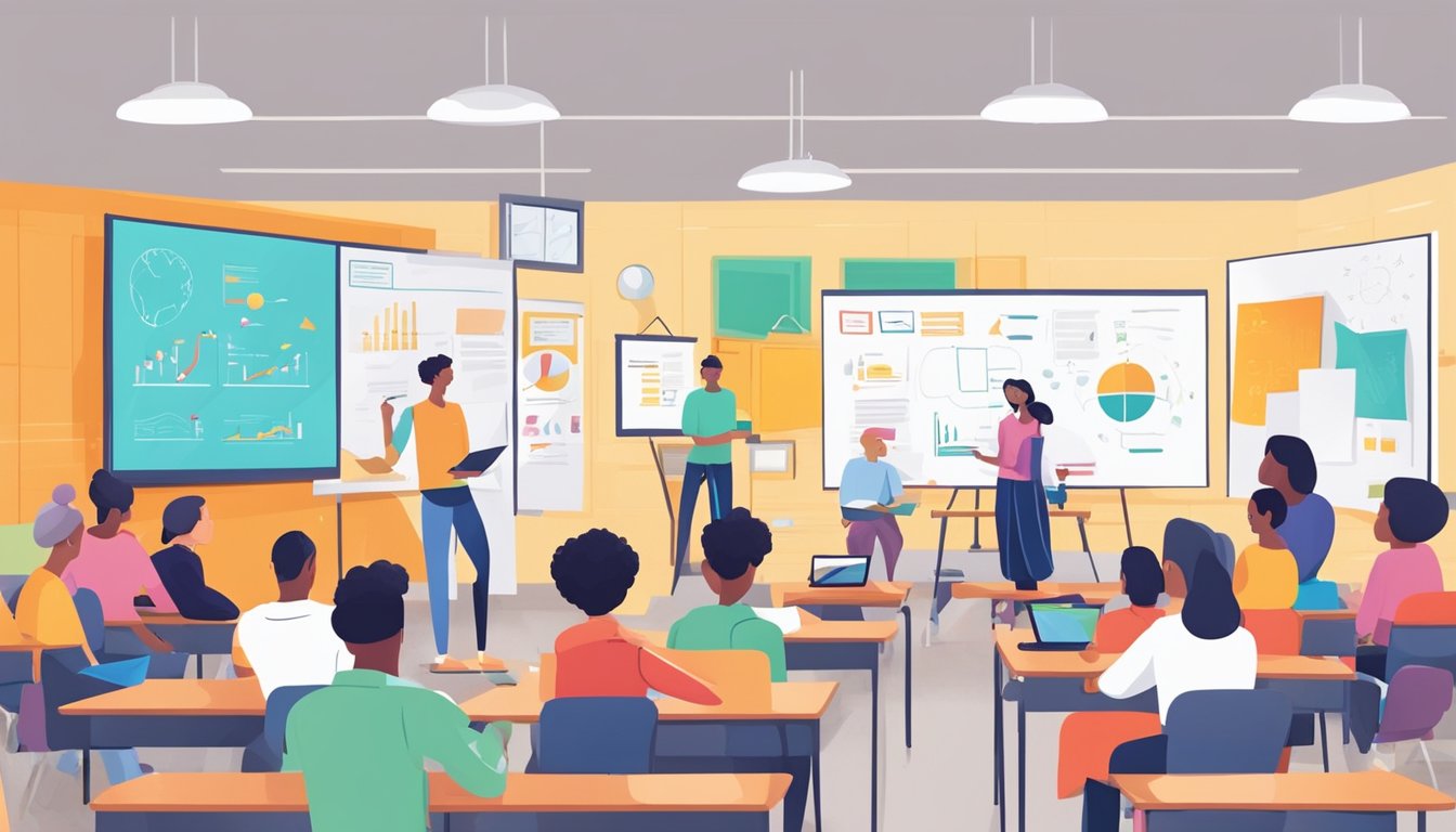 A colorful classroom with a whiteboard filled with branding concepts, surrounded by eager students taking notes and engaging in discussions
