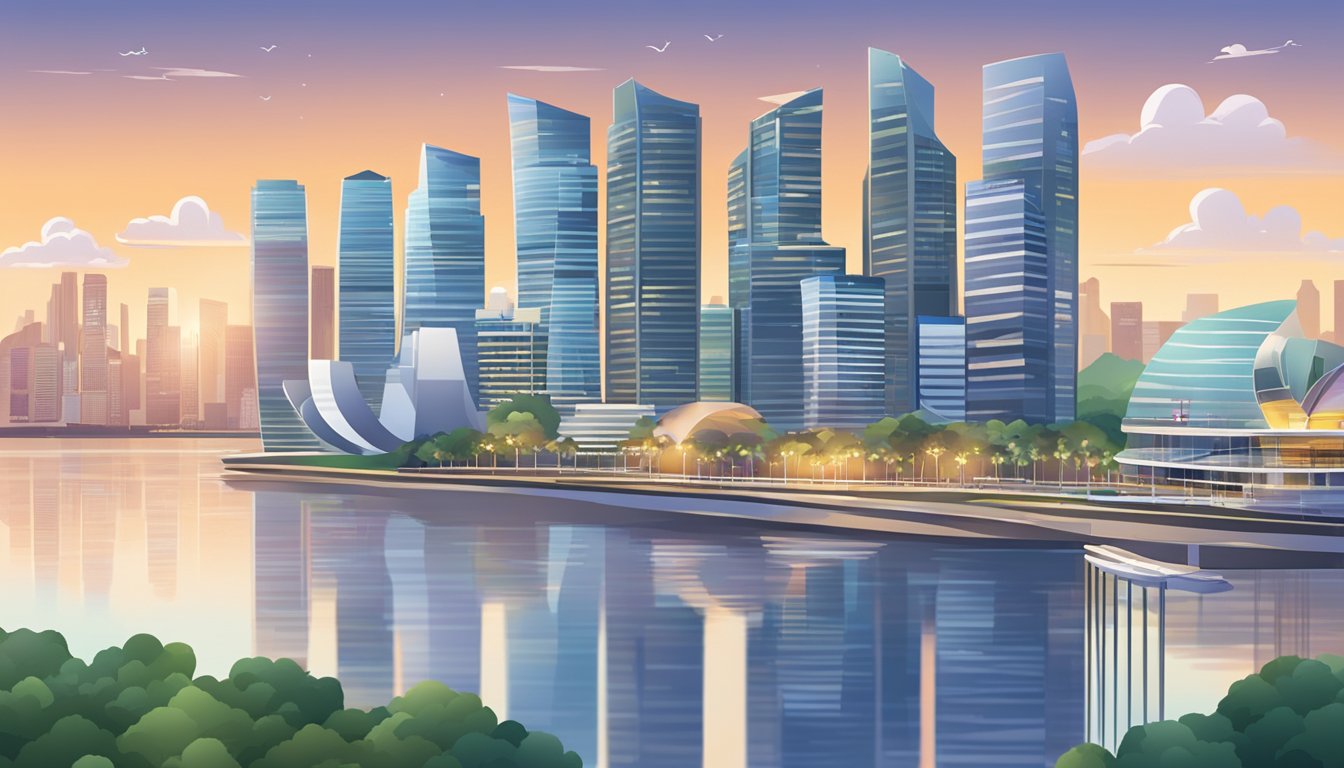A modern classroom with branding course materials and a Singaporean city skyline in the background