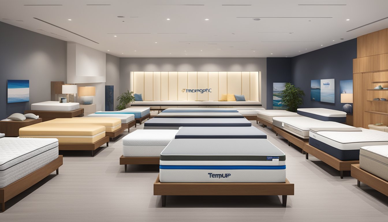 Various mattress types (memory foam, innerspring, latex) displayed in a showroom with prominent bed brands like Tempur-Pedic and Sealy