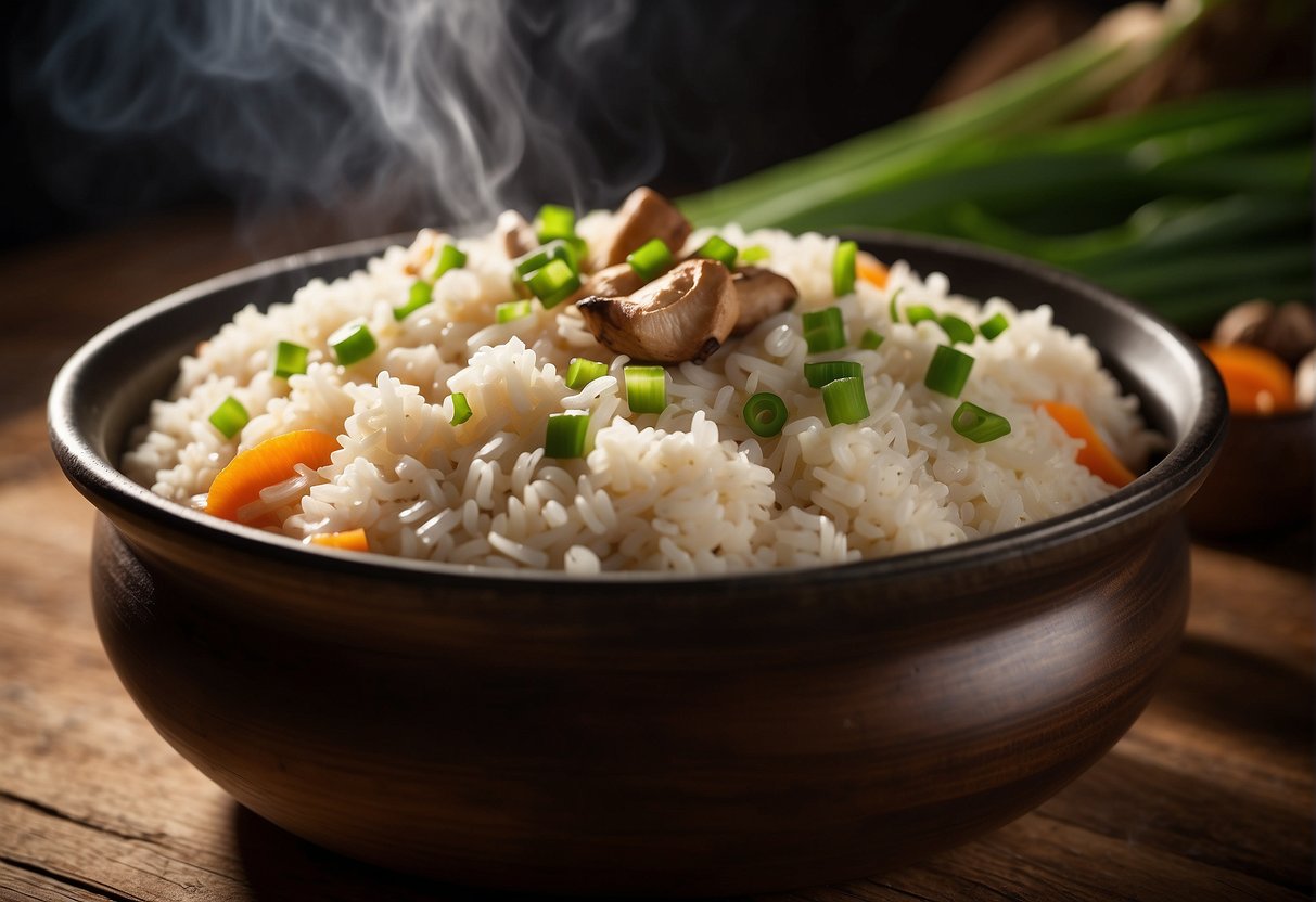 A pot of cooked Chinese yam rice with diced yam, mushrooms, and green onions, steaming on a wooden table
