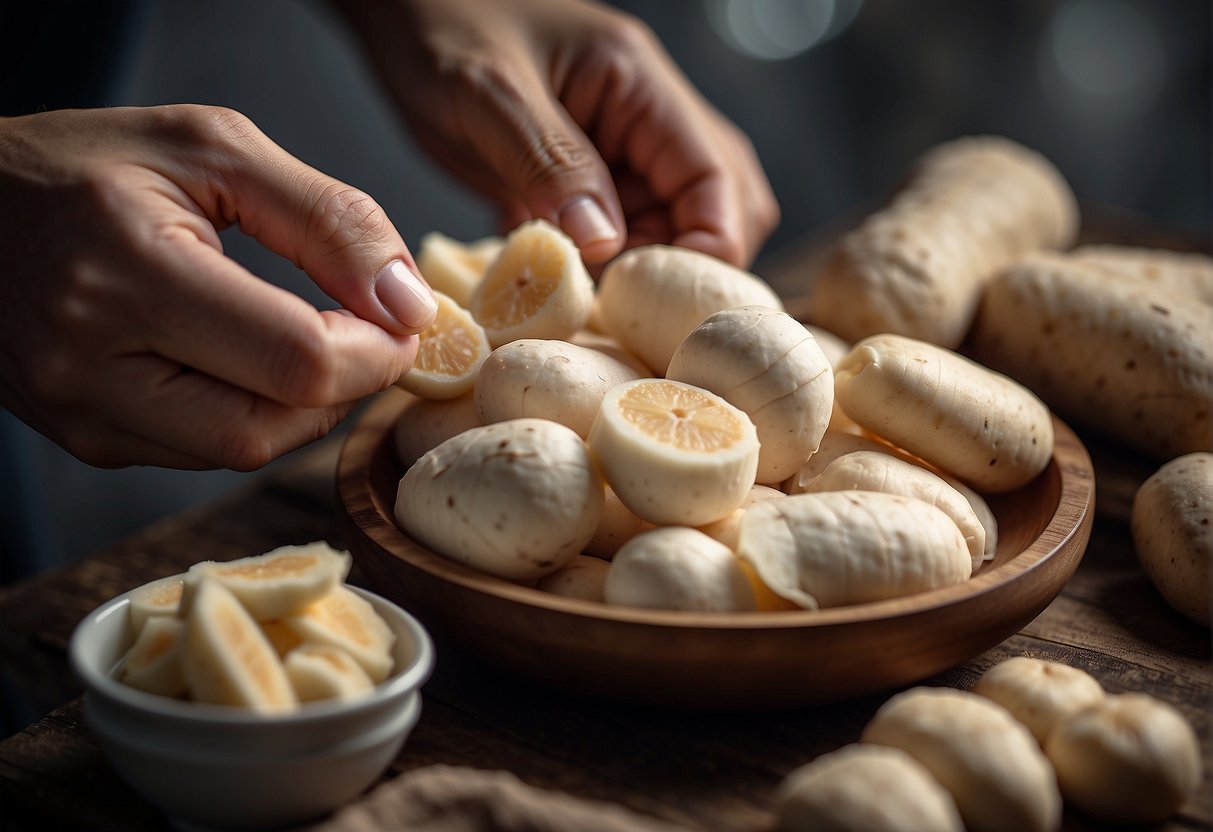 A hand reaches for a fresh Chinese yam, peeling and slicing it into thin rounds. The yam is then blanched and ready for use in a traditional Chinese recipe