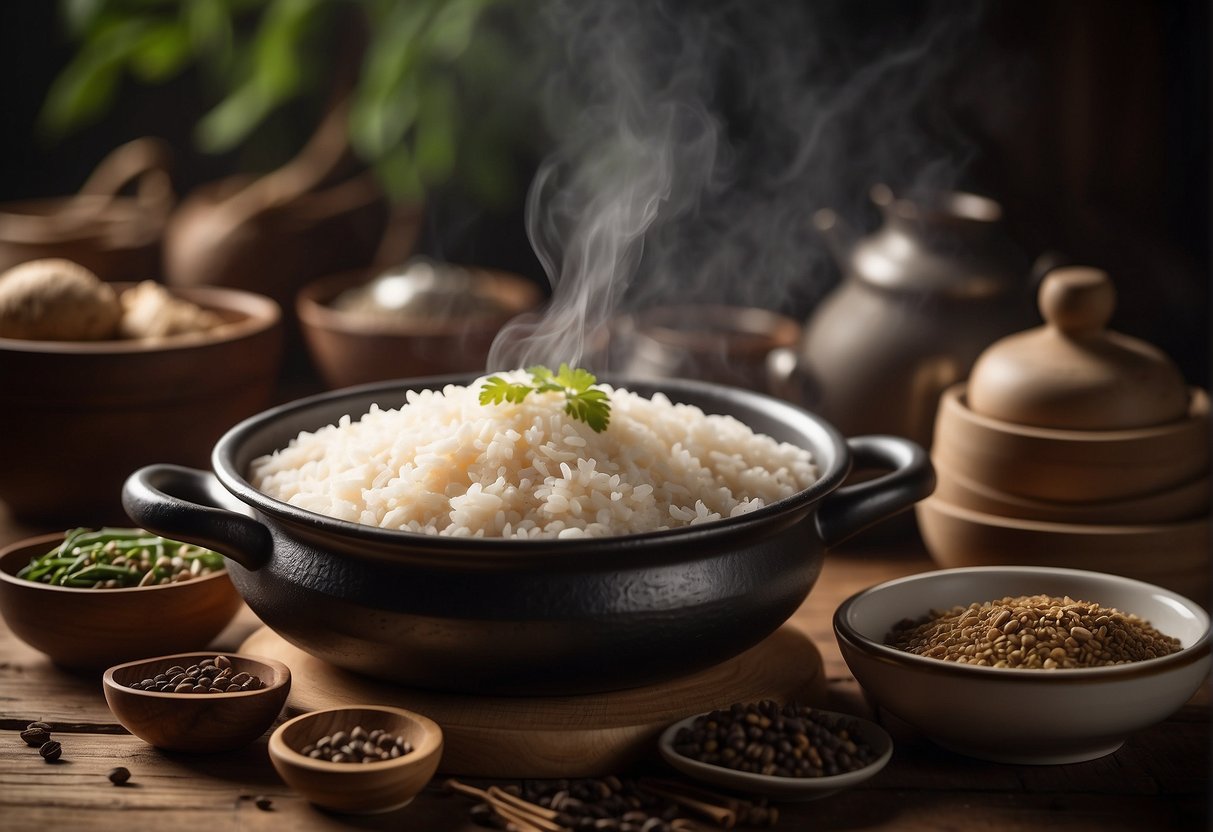 A steaming pot of Chinese yam rice sits on a wooden table, surrounded by bowls of fragrant spices and fresh yam