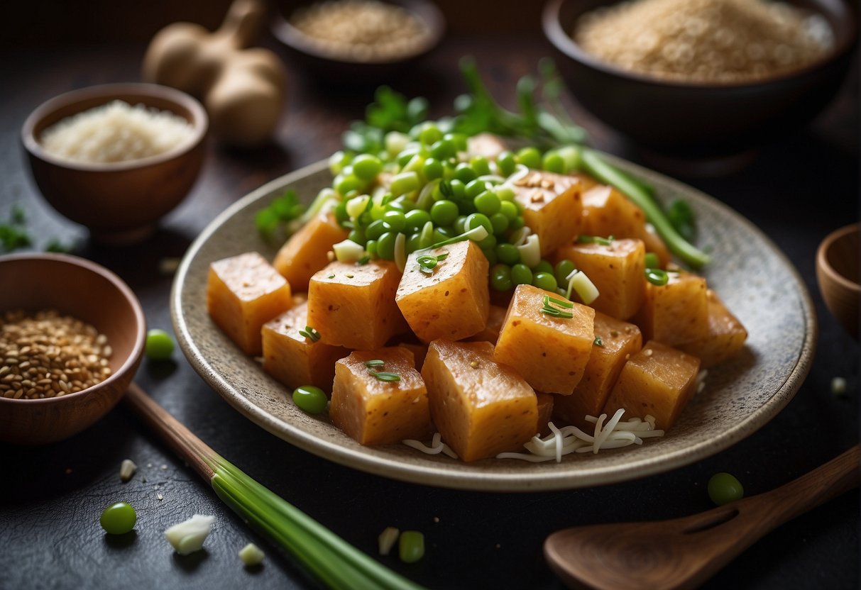 A Chinese yam surrounded by ginger, garlic, and green onions, with a sprinkle of soy sauce and a dash of sesame oil