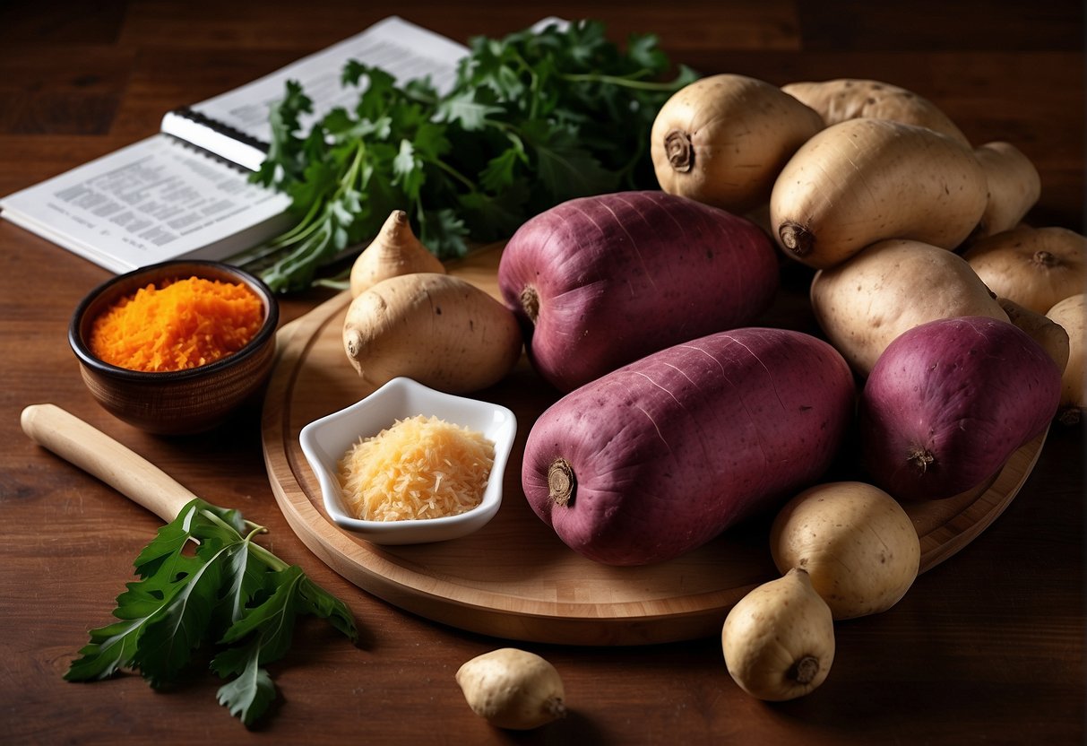 A table filled with fresh chinese yams, a cutting board, and various cooking ingredients. A recipe book open to a page with detailed nutritional information and health benefits of chinese yams