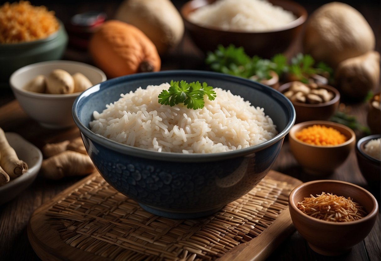 A table with a bowl of Chinese yam rice, surrounded by ingredients like yam, rice, mushrooms, and seasoning, with a steaming pot in the background