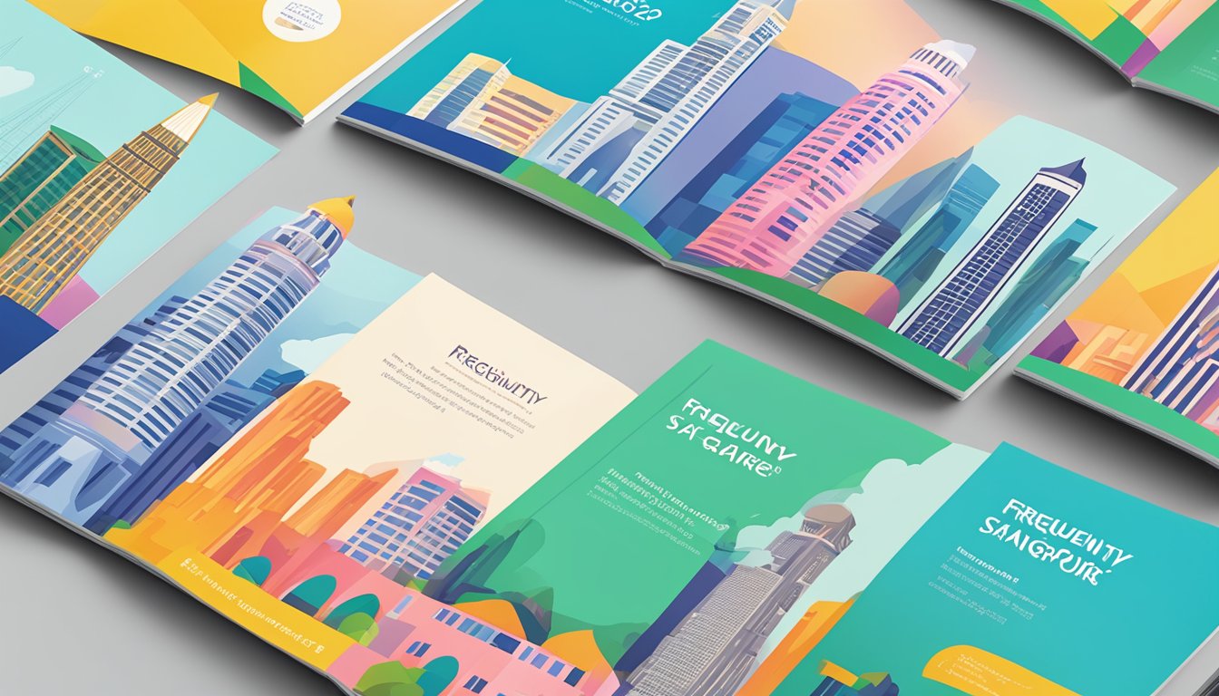 A stack of colorful branding course brochures with "Frequently Asked Questions" prominently displayed, set against the iconic Singapore skyline