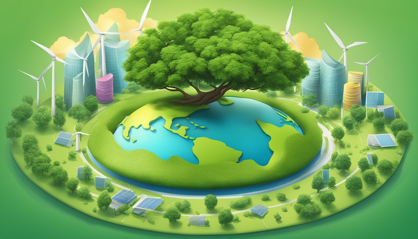 A vibrant, green earth with a tree growing out of a brand's logo, surrounded by renewable energy sources and eco-friendly packaging