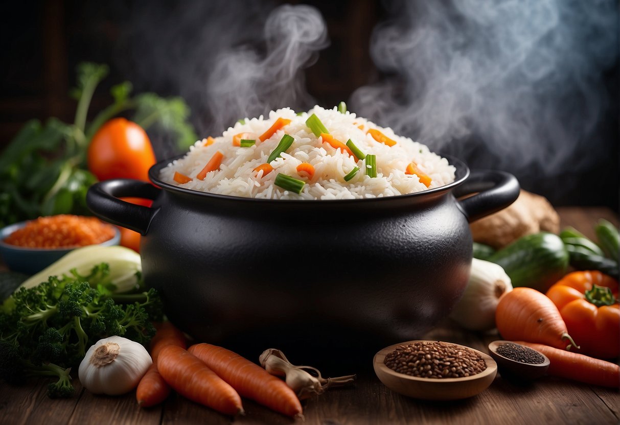 A steaming pot of Chinese yam rice surrounded by a colorful array of fresh vegetables and aromatic spices