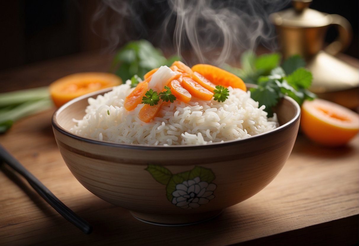 A steaming bowl of Chinese yam rice is elegantly arranged with colorful garnishes on a wooden table