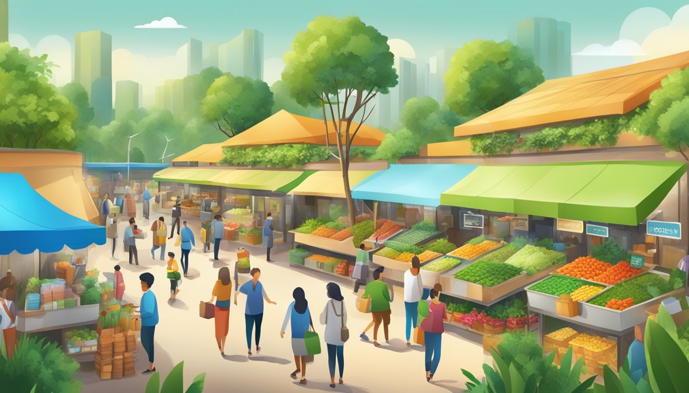 A bustling marketplace with eco-friendly products on display, surrounded by vibrant greenery and renewable energy sources