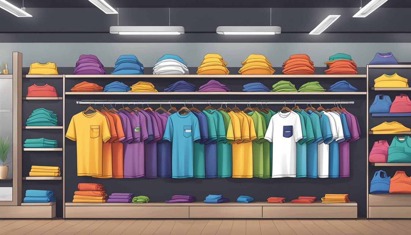 Colorful branded t-shirts neatly displayed on shelves in a Singaporean retail store