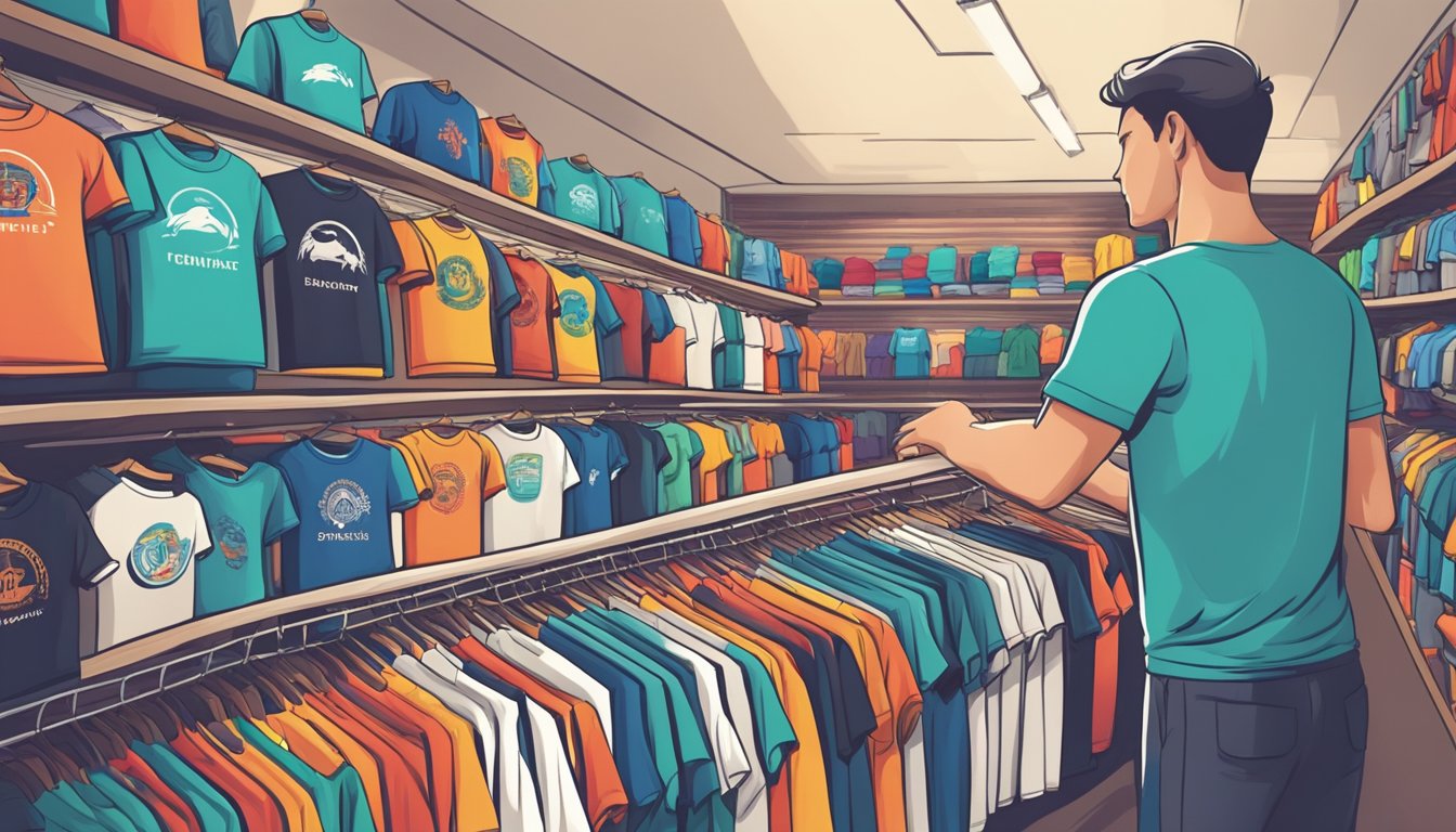 A hand reaches into a pile of branded t-shirts, pulling out the perfect one. The shirts are neatly stacked on shelves, with colorful designs and logos