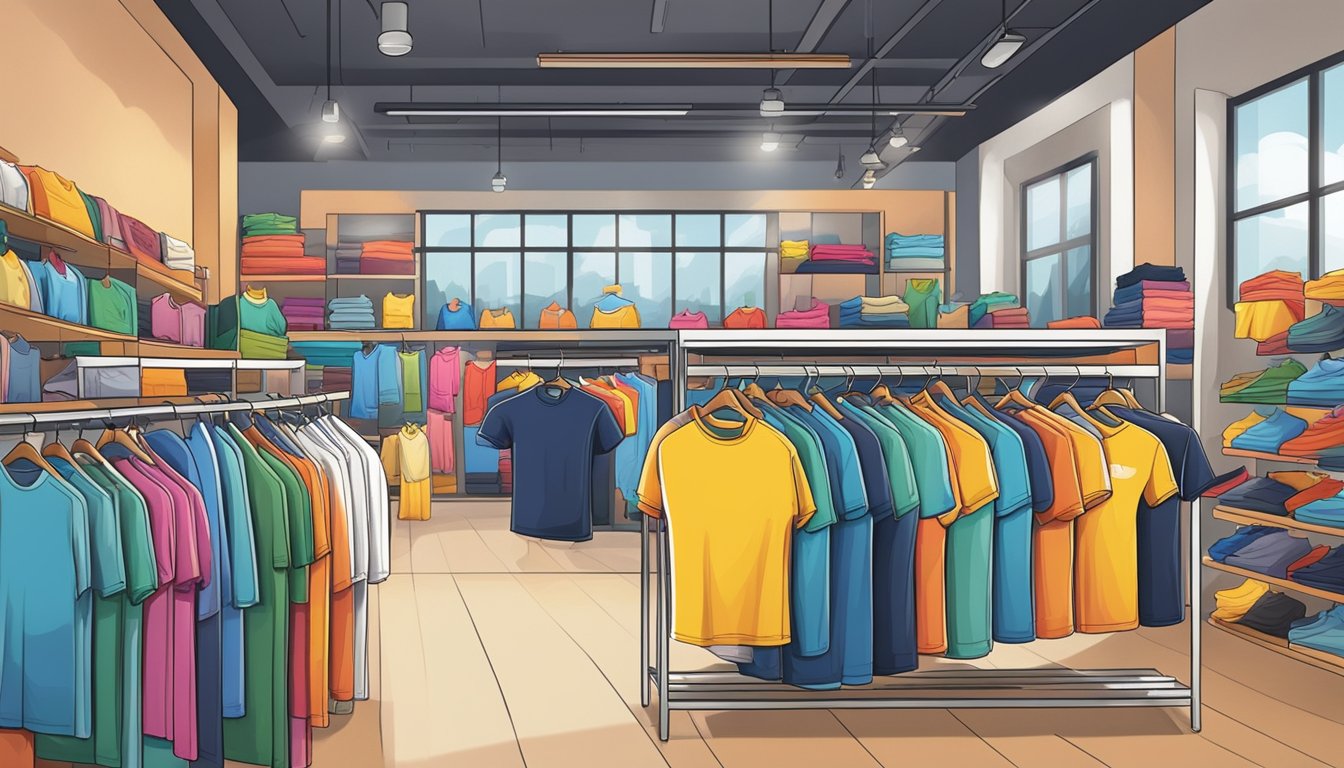 A colorful array of branded t-shirts displayed on racks in a trendy Singaporean boutique