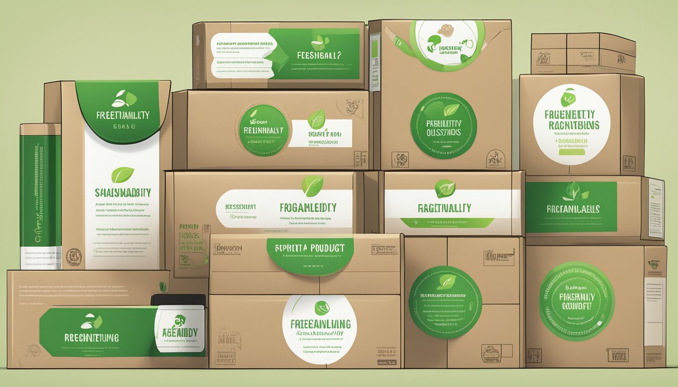 A stack of eco-friendly product packaging with "Frequently Asked Questions" and "Sustainability" labels