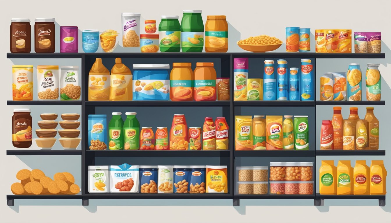 Various food brands displayed on shelves with colorful packaging and logos. A mix of products such as cereals, snacks, and canned goods