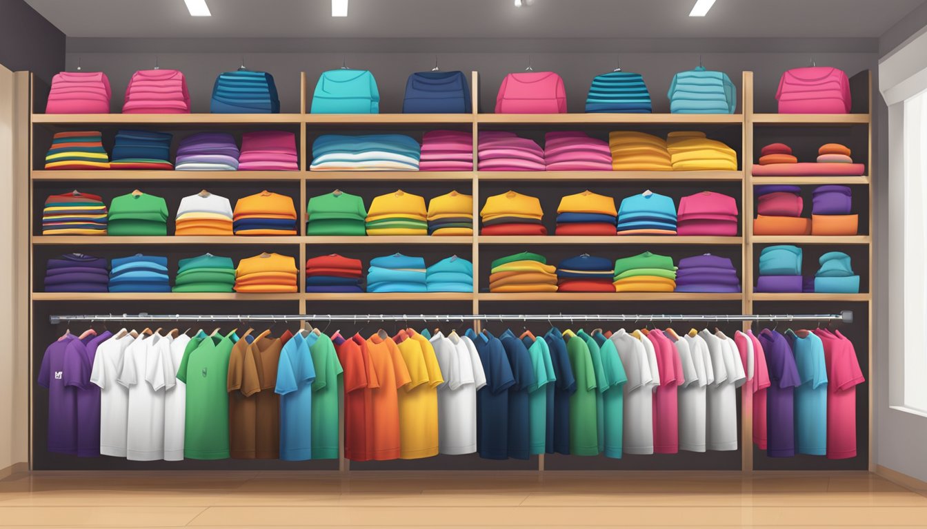 A colorful display of branded t-shirts on shelves and hangers in a Singaporean retail store