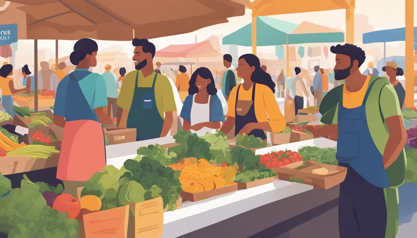 People discovering local food brands at a bustling market. Tables are filled with colorful packaging and fresh produce. A sense of community and support for small businesses is evident