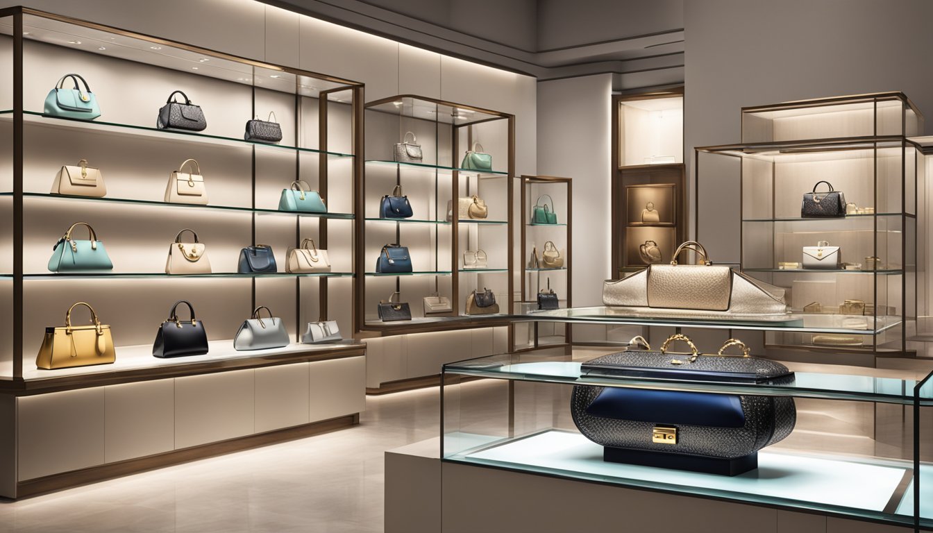Luxury purse brands displayed on a sleek, glass shelf in a high-end boutique, with soft, ambient lighting highlighting the exquisite craftsmanship and elegant designs