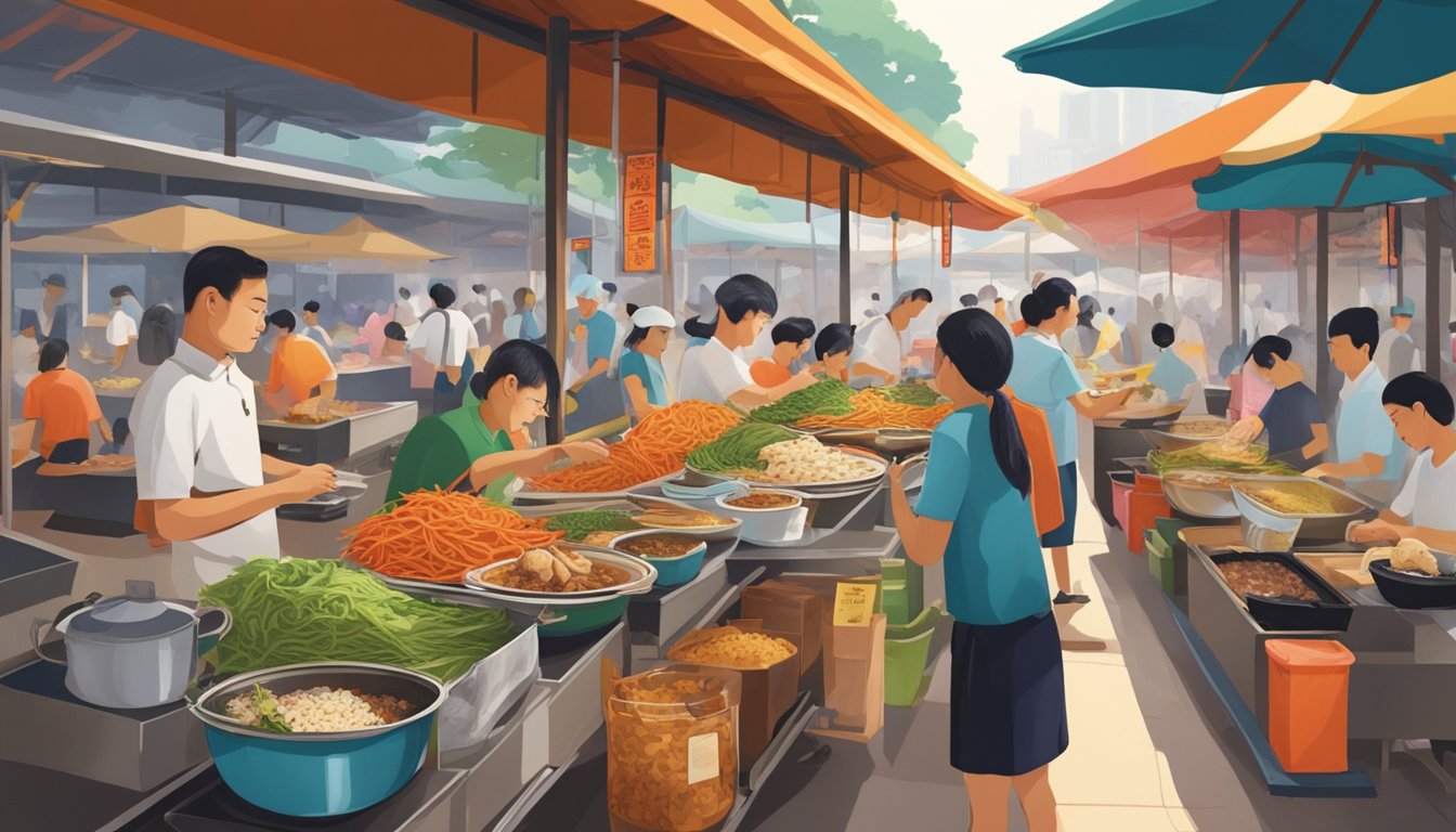 A bustling hawker center with colorful stalls selling Singaporean dishes like Hainanese chicken rice, laksa, and chili crab. The aroma of spices and sizzling woks fills the air