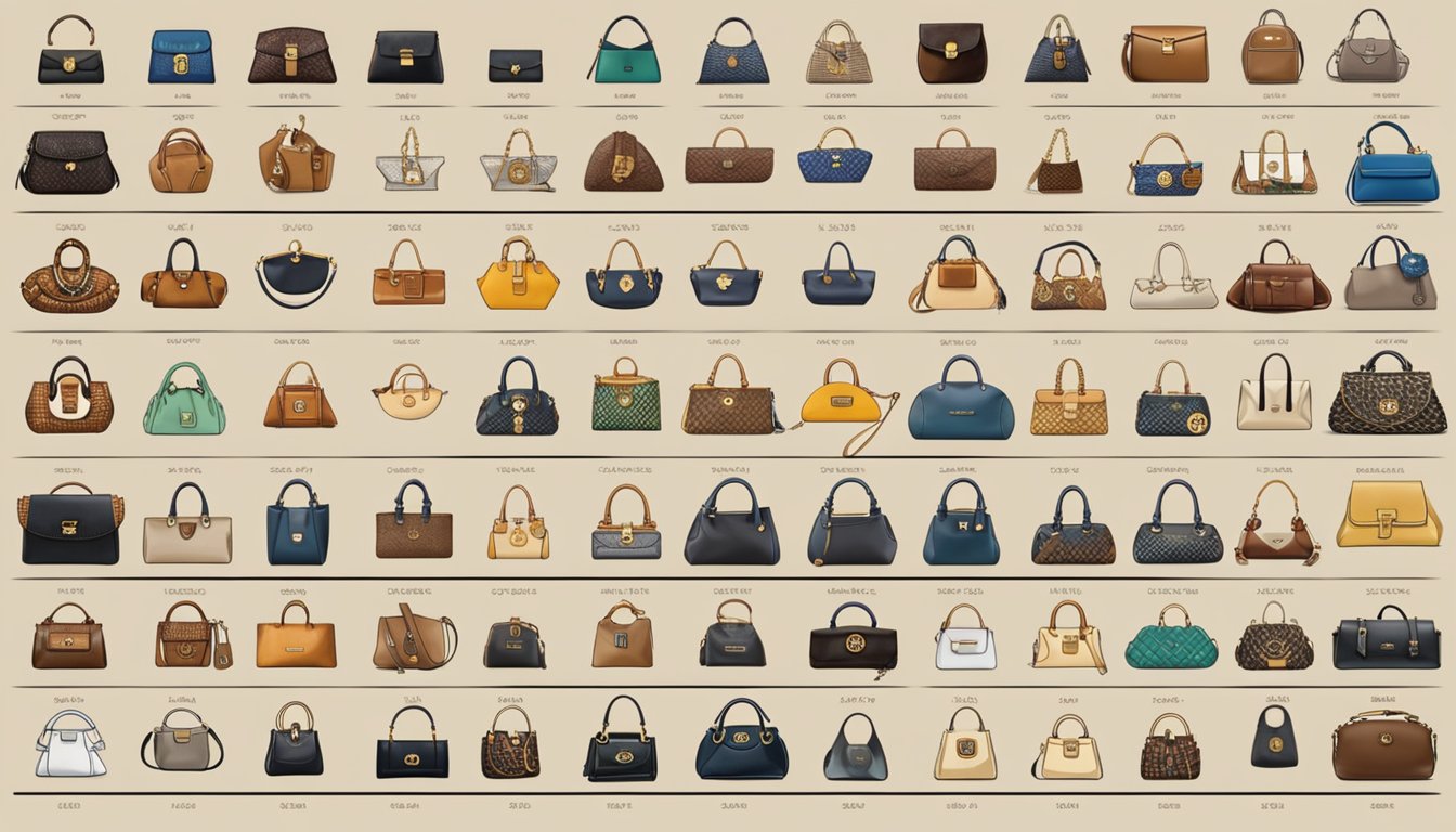 Luxury purse logos displayed on a timeline, from early 20th century to present day, showcasing the evolution of iconic brands