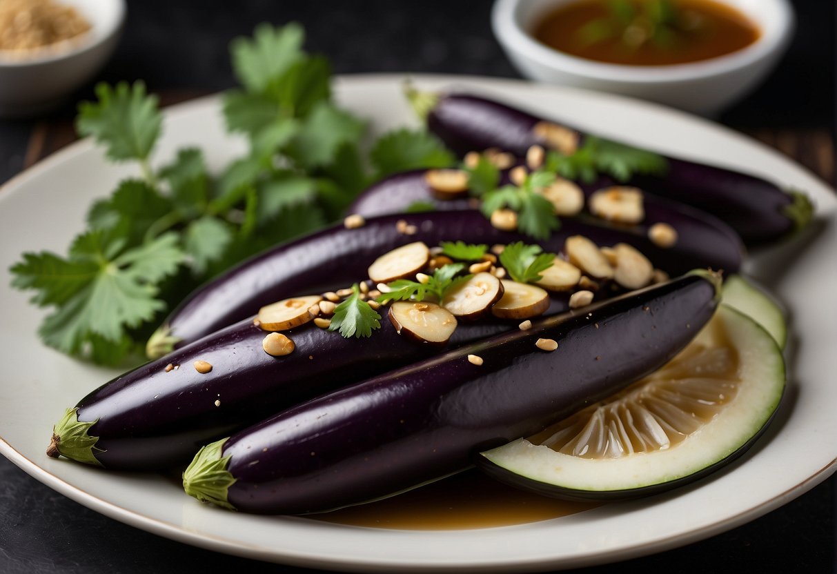 Fresh Chinese aubergines being sliced and marinated in a mixture of soy sauce, garlic, and ginger, ready to be stir-fried in a hot wok