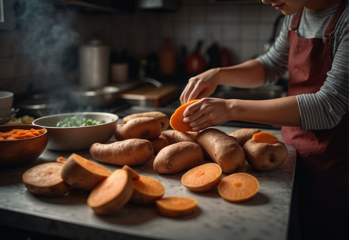 A pair of hands carefully peeling and slicing Chinese yams, while a pot of water boils on the stove. Ingredients such as pork, mushrooms, and carrots are laid out on the kitchen counter