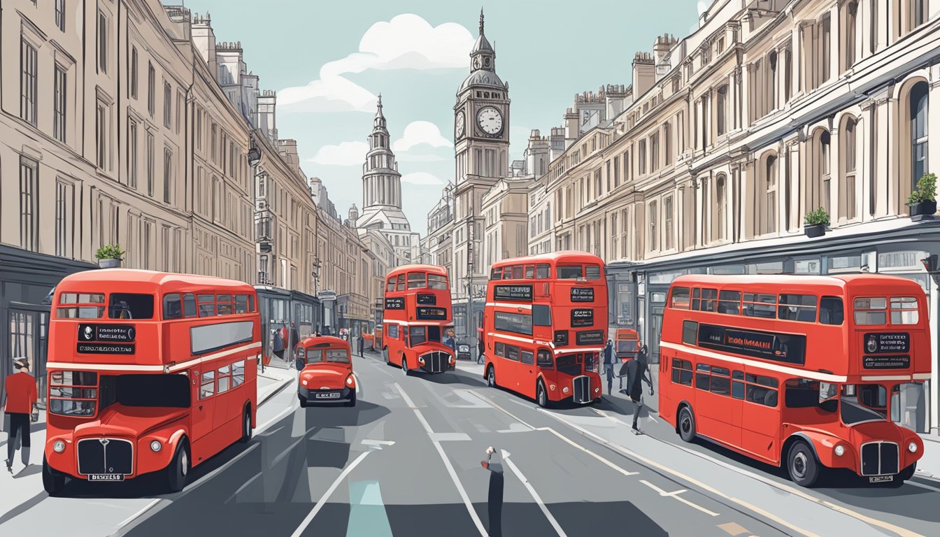A bustling London street with iconic red buses and historic buildings, showcasing the essence of Legend London style brands