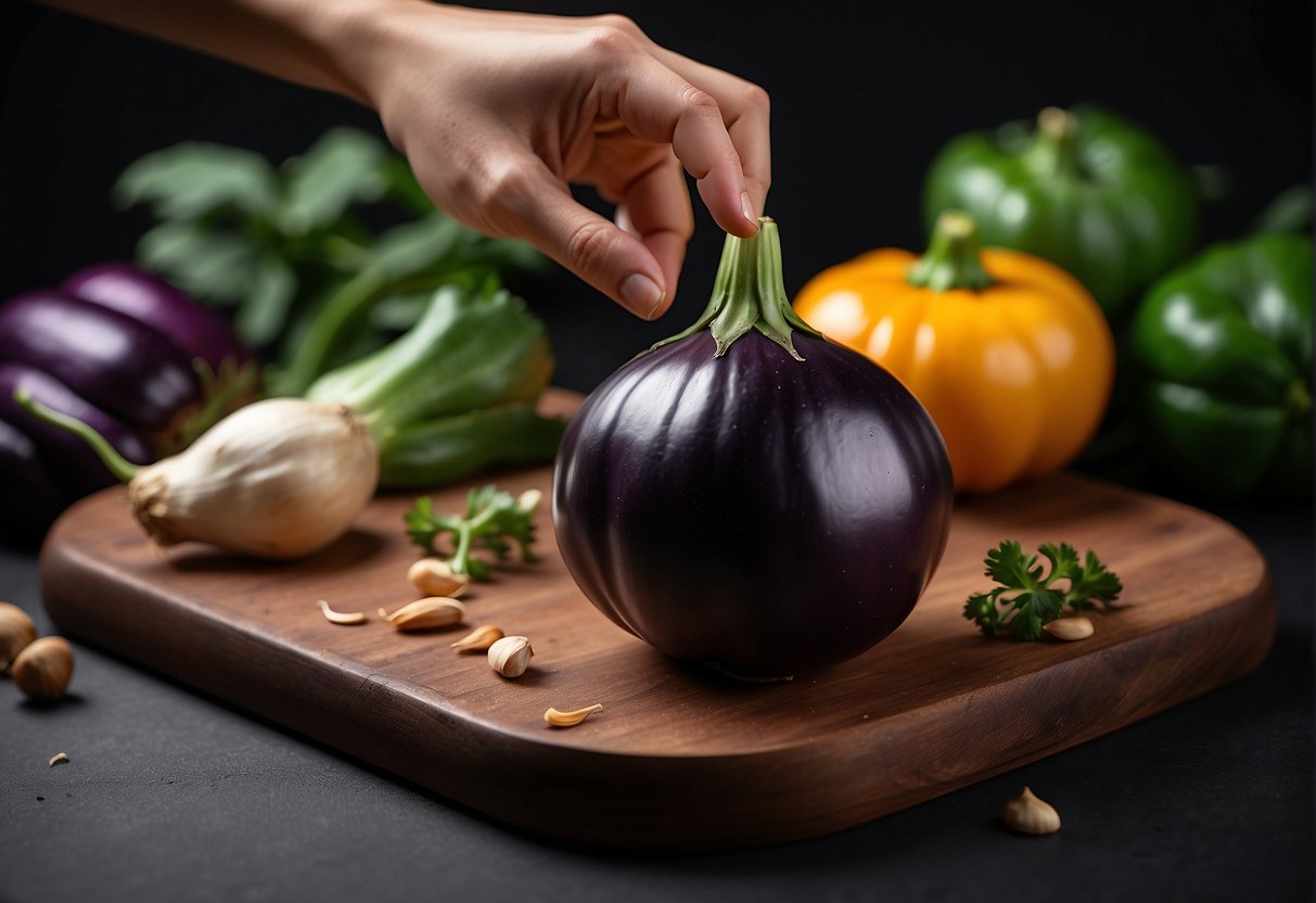 A hand reaches for a vibrant purple chinese aubergine, while other ingredients like garlic, soy sauce, and ginger sit nearby