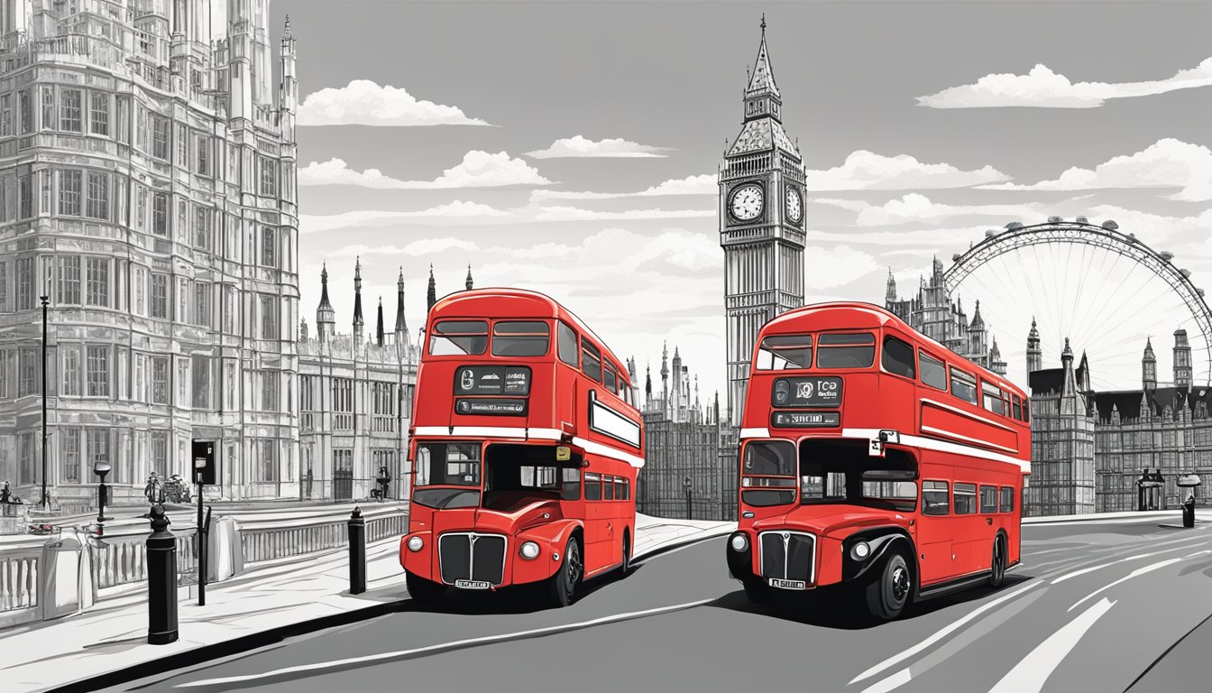 A classic London scene: iconic red double-decker bus passing by Big Ben and the London Eye, with the city skyline in the background