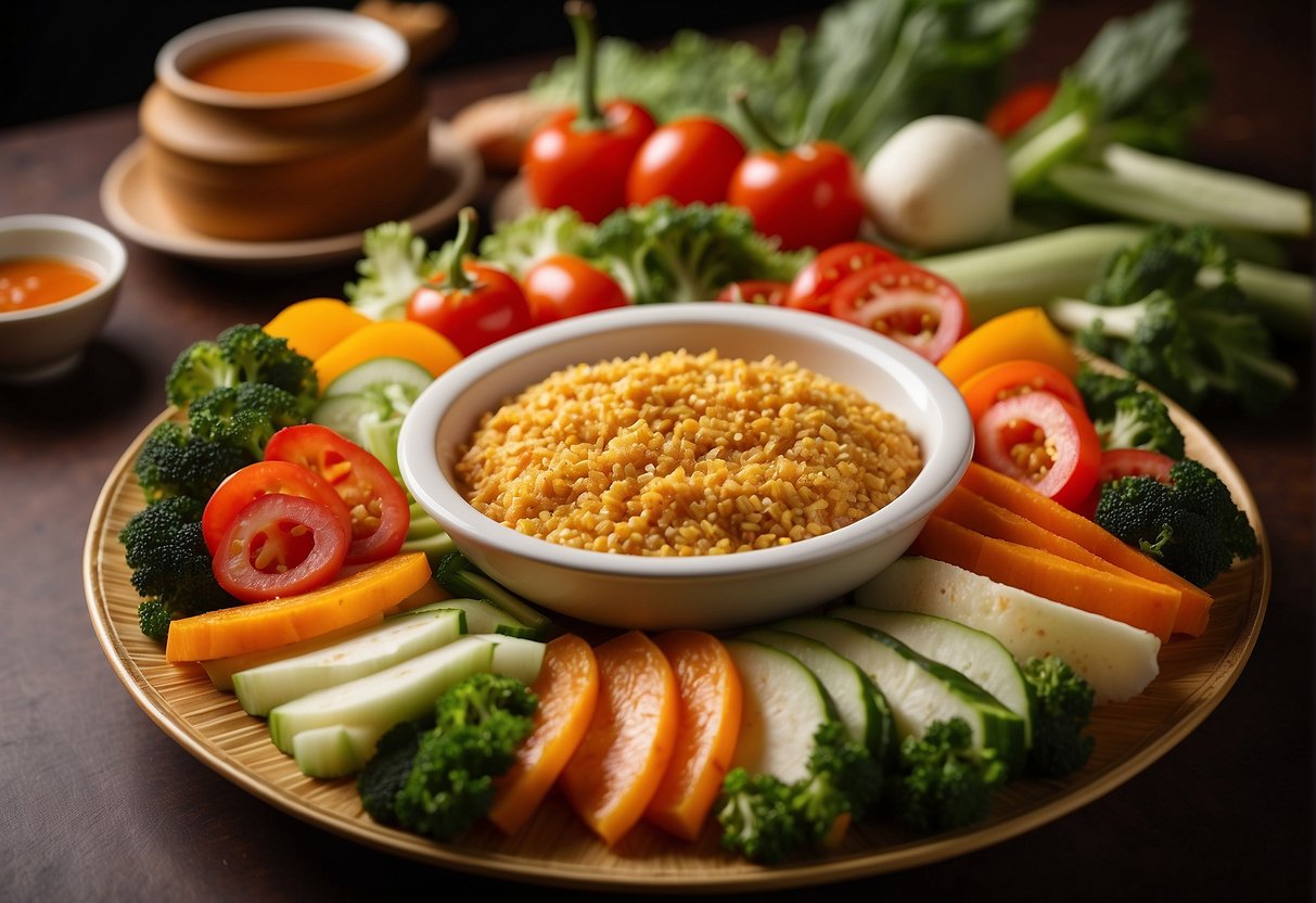 A golden Chinese yam ring sits on a round platter, garnished with colorful vegetables and served with a side of savory sauce