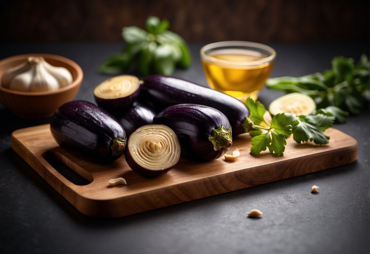 A chopping board with sliced aubergines, garlic, and ginger. A wok with oil heating up. Ingredients like soy sauce and sugar on the side