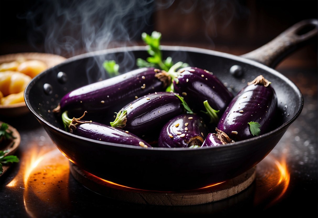 Sizzling aubergine in a wok with garlic, ginger, and soy sauce. Steam rising, vibrant colors, and enticing aromas fill the air