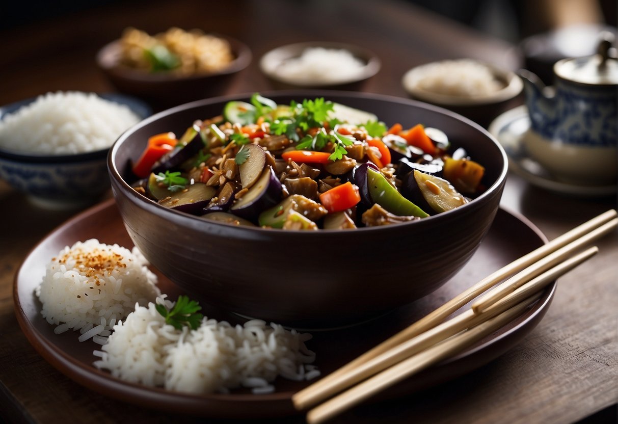 A table set with a plate of sliced Chinese aubergine stir-fry, accompanied by chopsticks and a bowl of steamed rice