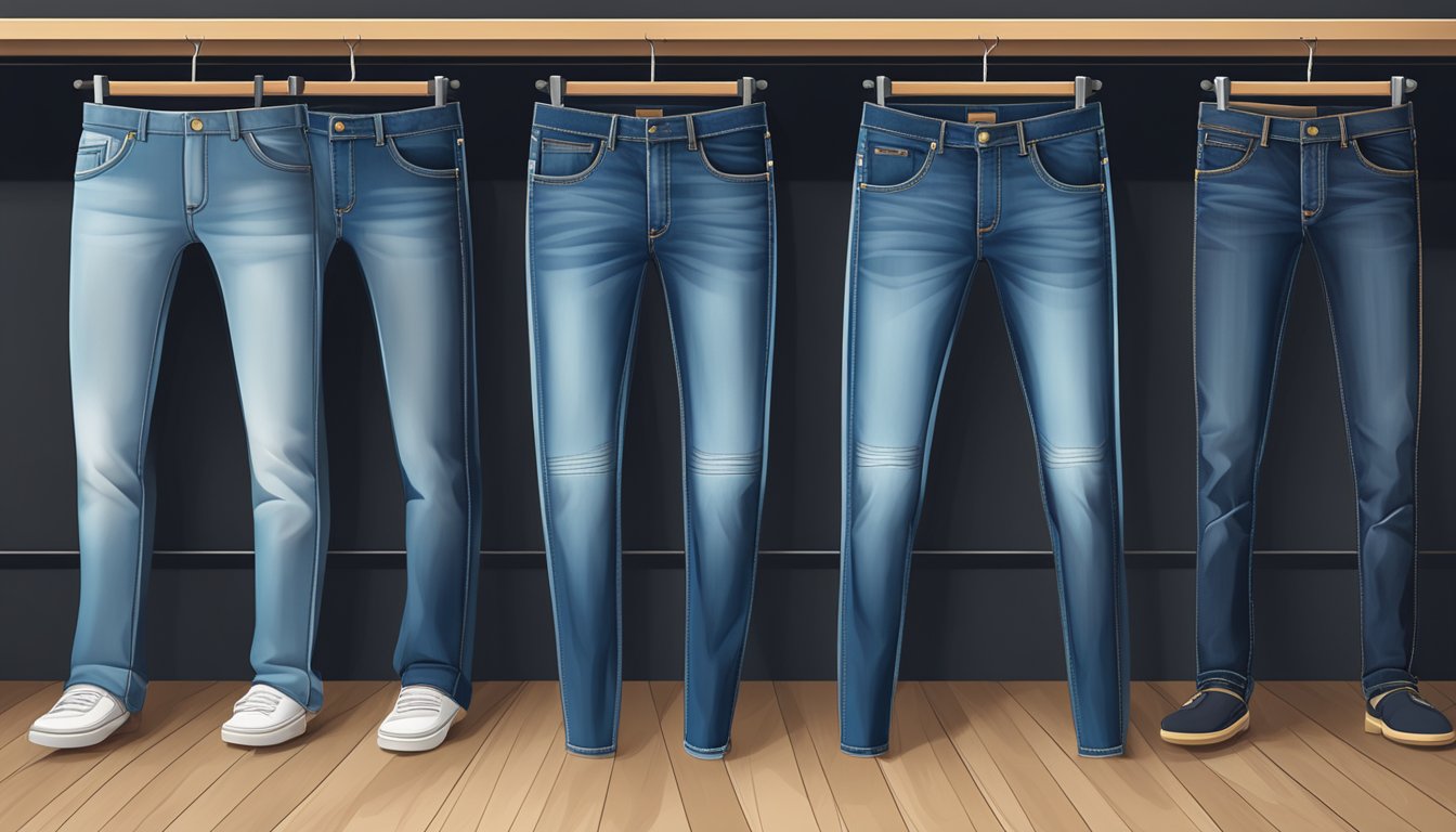 A row of denim jeans with distinct stitching and logo patches, displayed on shelves with spotlighting