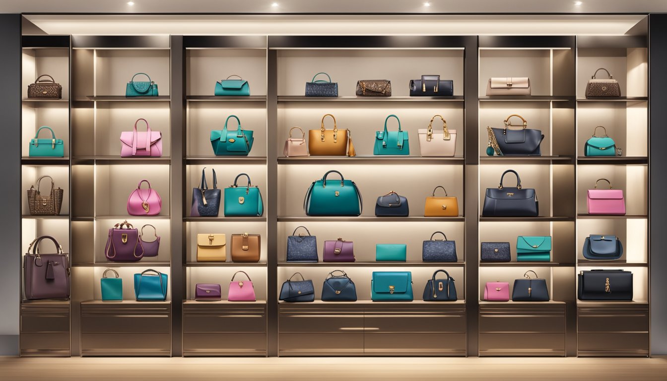A display of high-end purses with elegant designs and recognizable logos, arranged on sleek shelves in a modern boutique setting