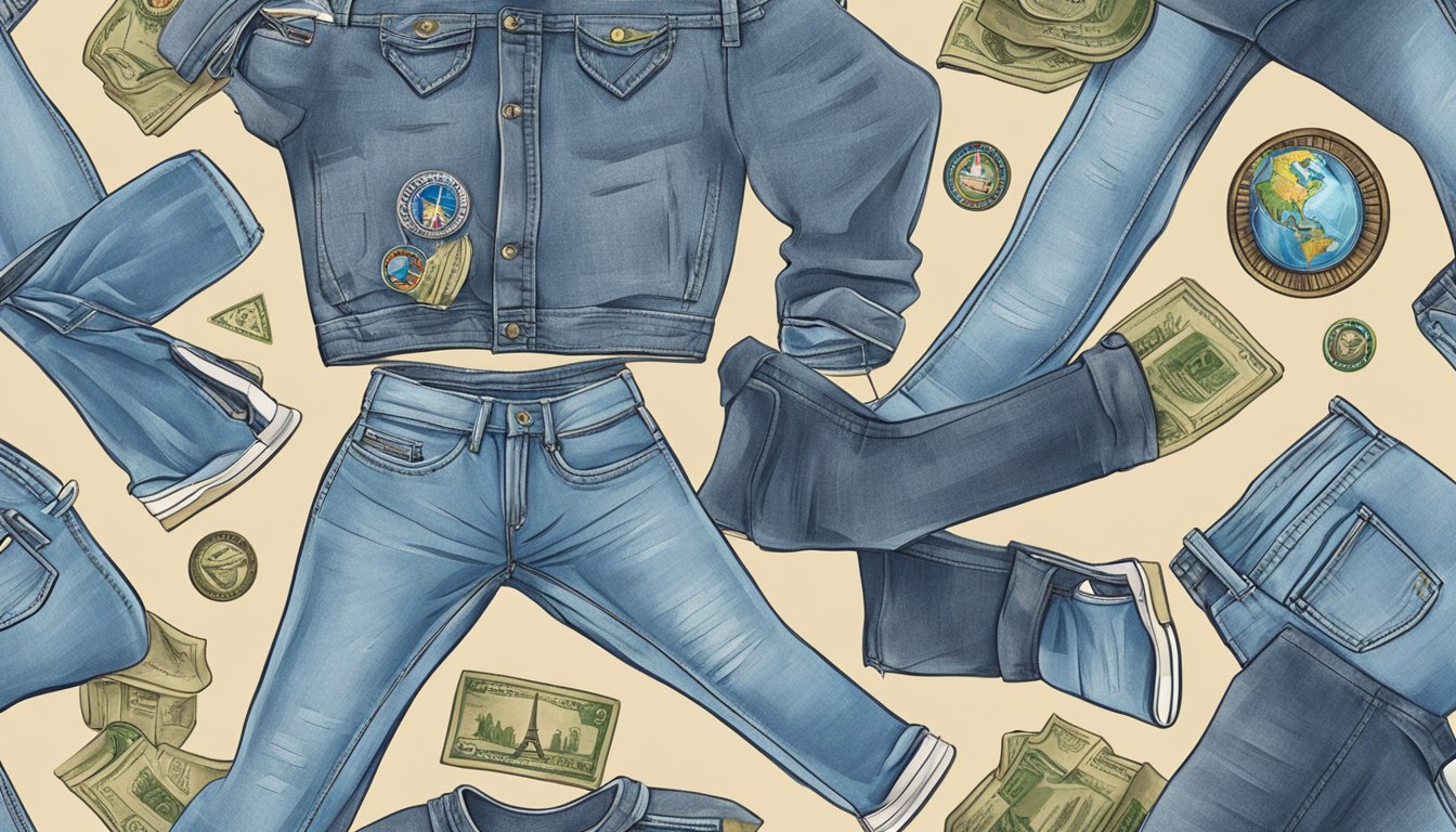Various global landmarks and symbols (e.g. Eiffel Tower, Statue of Liberty) surrounding a pair of jeans with the brand logo