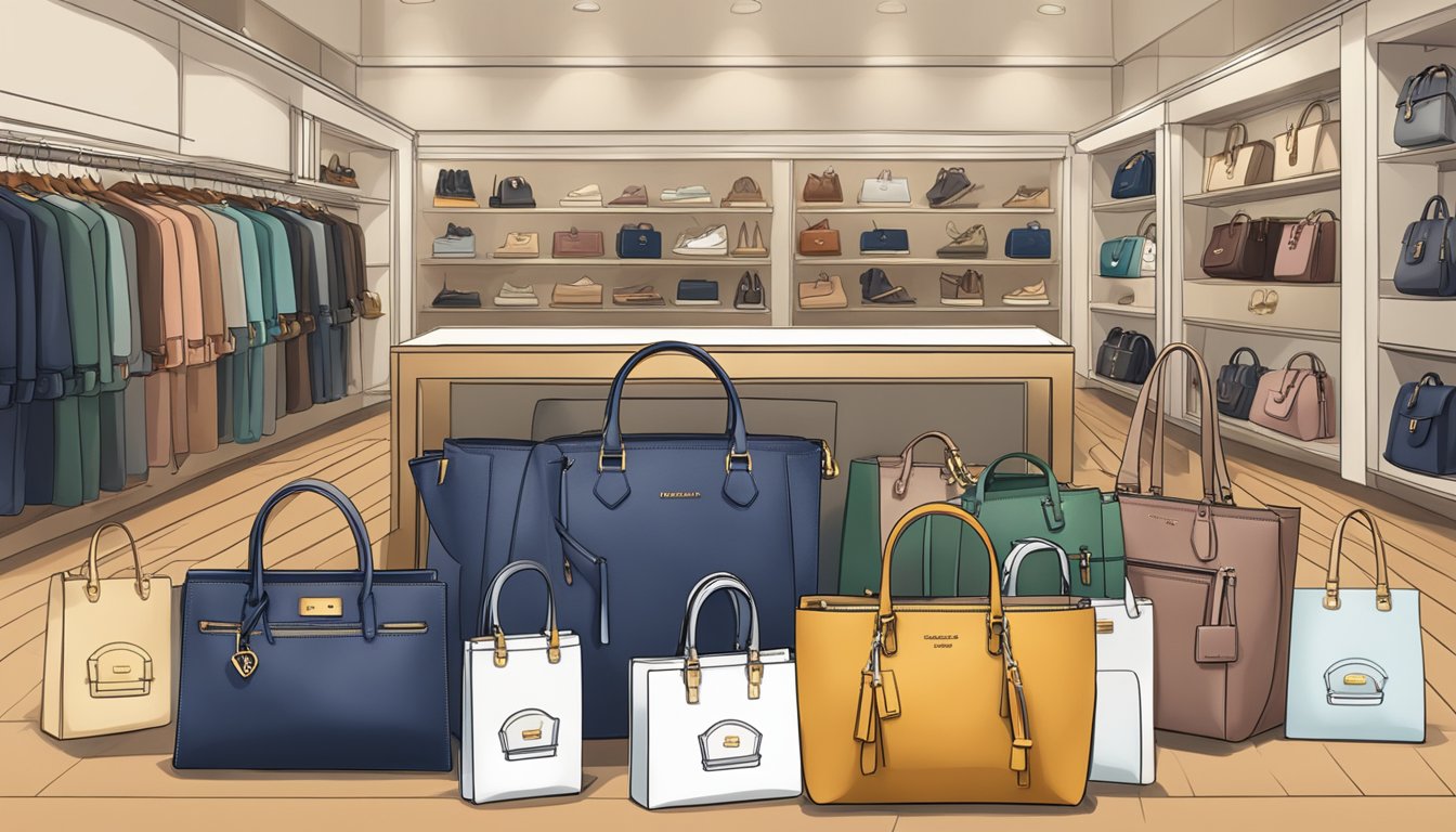 A display of popular purse brands with a sign reading "Frequently Asked Questions" above them