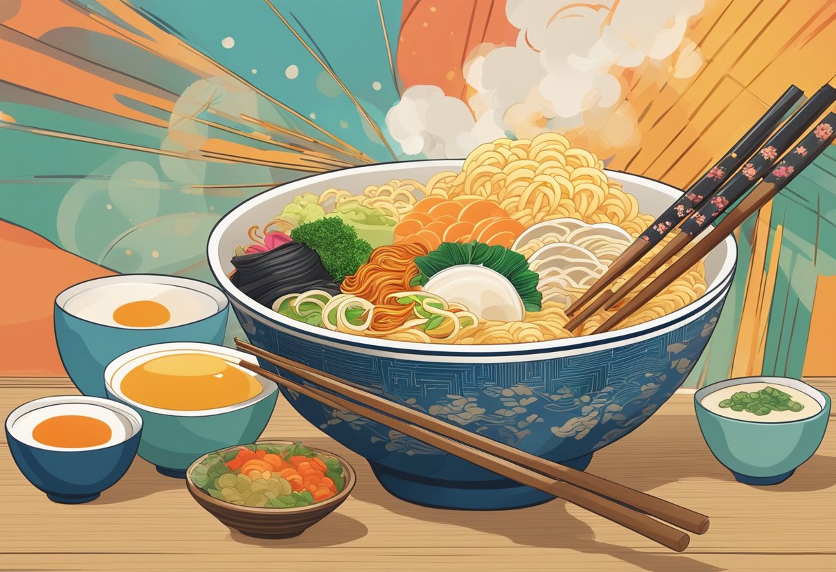 A steaming bowl of ramen surrounded by chopsticks and a colorful backdrop of Japanese-inspired decor