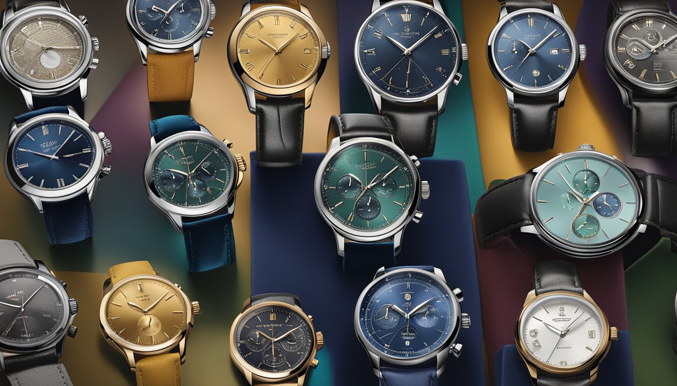 A display of inexpensive Swiss watch brands, arranged on a velvet-lined tray under soft lighting