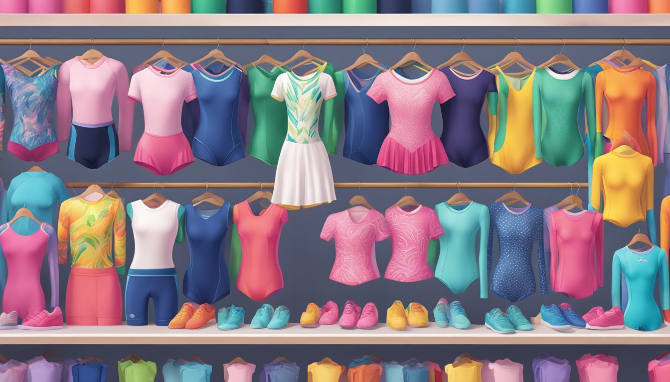 A display of famous leotard brands arranged on shelves with vibrant colors and sleek designs