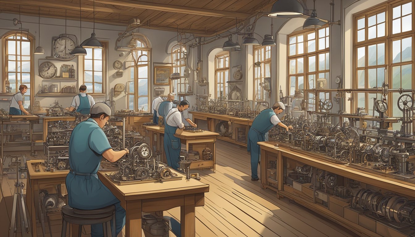 A traditional Swiss watchmaking workshop, with intricate machinery and skilled artisans crafting precision timepieces