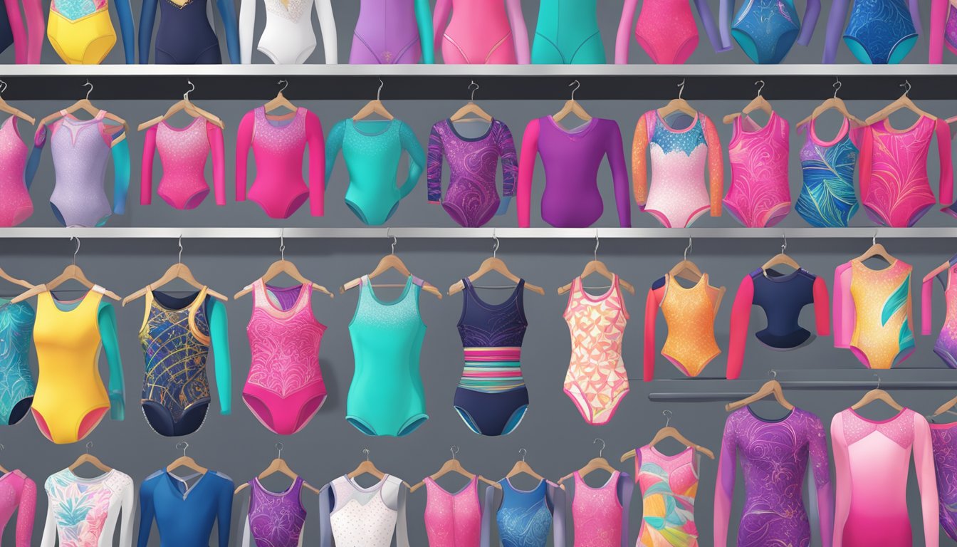A display of top gymnastics leotard brands arranged on a sleek, modern shelf with vibrant colors and intricate designs