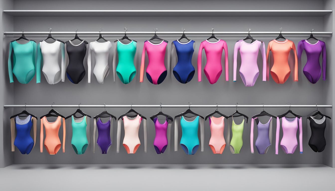 A display of iconic dance leotard brands lined up on a sleek, modern rack. Vibrant colors and bold logos catch the eye